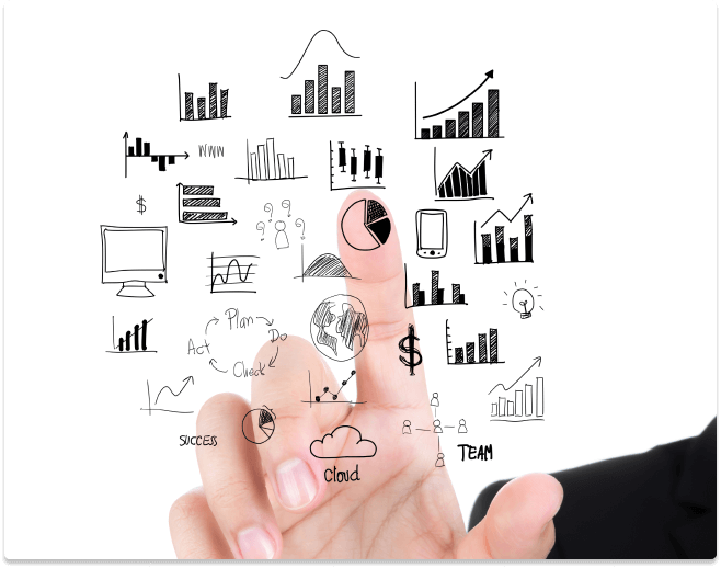 A hand is pointing at a diagram of graphs