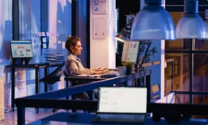 A woman sitting at a desk with a laptop computer